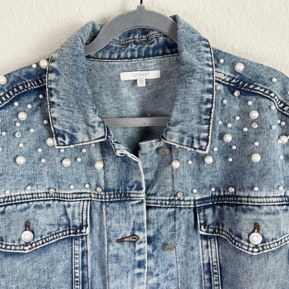 Veveret Denim Jacket Women's 2XL Pearl & Rhinestone Embellished Acid Wash Retro - Picture 2 of 11